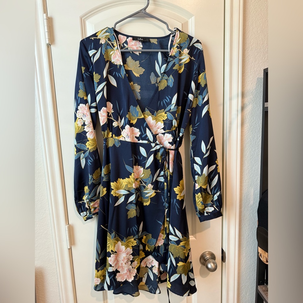 Lulu's Navy Blue Floral Long Sleeve Dress